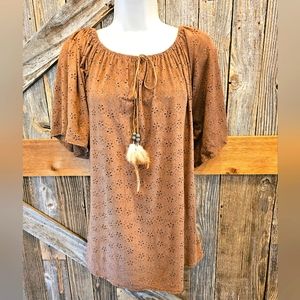 Yahada Top Small Peasant Soft Velour Floral Punch Out See Through Blouse EUC ^^